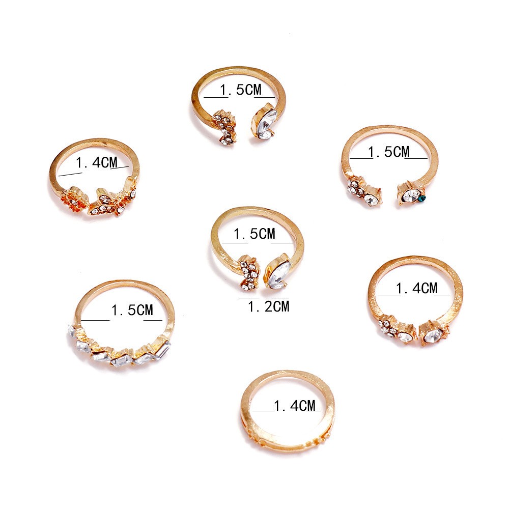 7Pcs/1set Ladies Elegant Vintage Golden Crystal Ring  / Butterflies And Flowers Alloy Diamond Ring