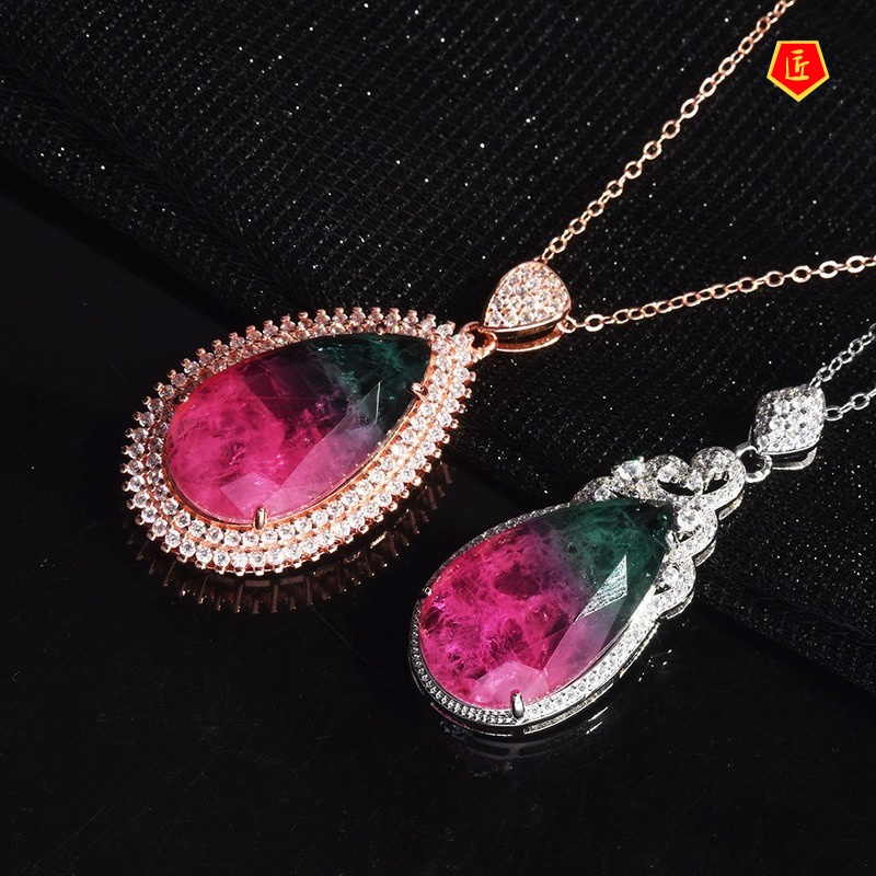 [Ready Stock]Watermelon Tourmaline Pendant 18K Rose Gold Water Drop Colored Gems Necklace