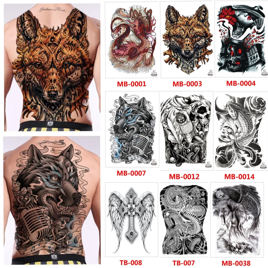 Grosir Stiker Tato / Tato Temporer FULL PUNGGUNG 34x48cm KODE TB-015 naga serigala tengkorak wanita malaikat mau ular  salib