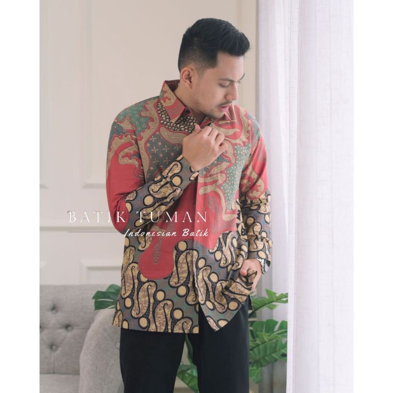 New..ATASAN PRIA BAJU BATIK LENGAN PANJANG LAPIS FURING KATUN BATIK MERAH TUMAN