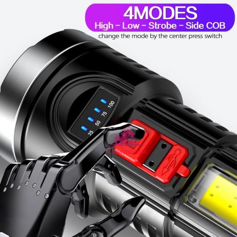 COD Senter LED Cas Super Terang Jarak Jauh + COB 4 Mode Emergency USB Recharge Anti Air Wajib Punya