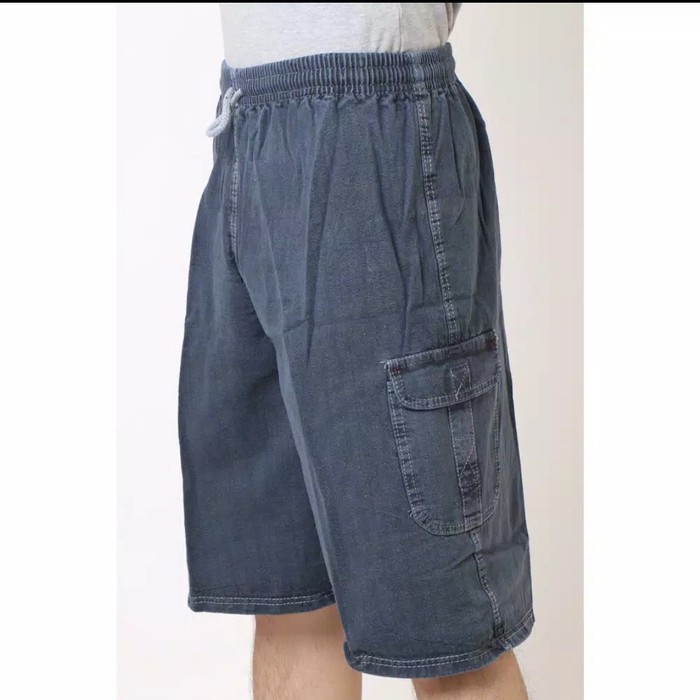 Celana Pendek Pria Cargo Soft Jeans 7/8 Polos - Biru