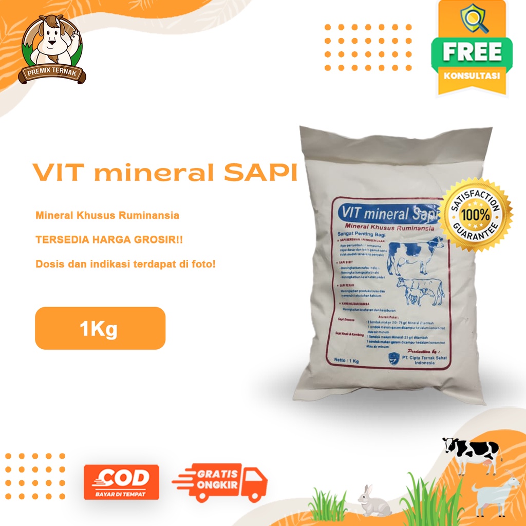 VIT MINERAL SAPI | PREMIX VITAMIN MINERAL SAPI DAN DOMBA MURAH 1 KG utk PENGGEMUKAN PERAH DAN BREEDING | Premix Mineral Khusus Sapi Penggemukan, Sapi Bibit, Sapi Perah, Kambing, dan Domba | Mirip Ultra Mineral SAPI | APOTERNAK | PREMIX TERNAK