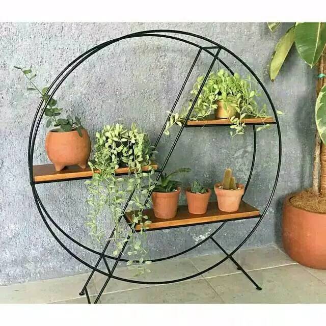 Rak bunga besi-Rak dekorasi-Rak vas bunga hias lingkaran 3 susun