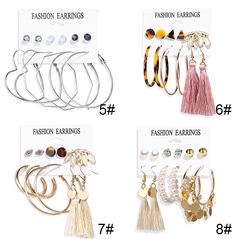 6 Pairs / Set Alloy Tassel Earring Suit Circle Sequin Pearl Acrylic Zircon Stud Earring Accessories