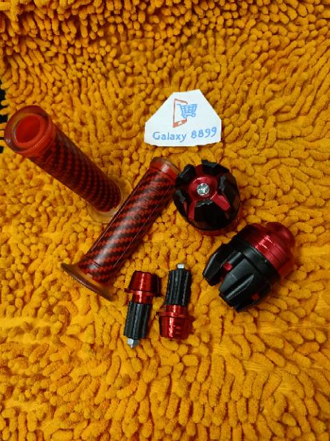 Handgrip karbon kitaco + Jalu As roda depan + Jalu stang merah universal