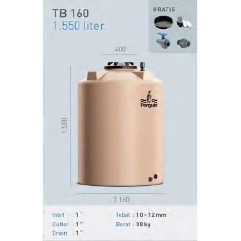 Tangki / Tandon / Toren Air merk Penguin tipe TB 160 (1550L)