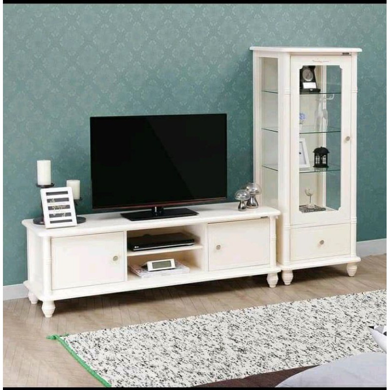 meja tv set almari hias minimalis duco putih kaca modern mewah jati mahogani furniture mebel