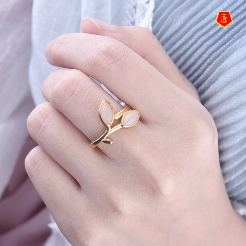 [Ready Stock]Elegant Inlaid White Jade Gold Ring Simple Personality