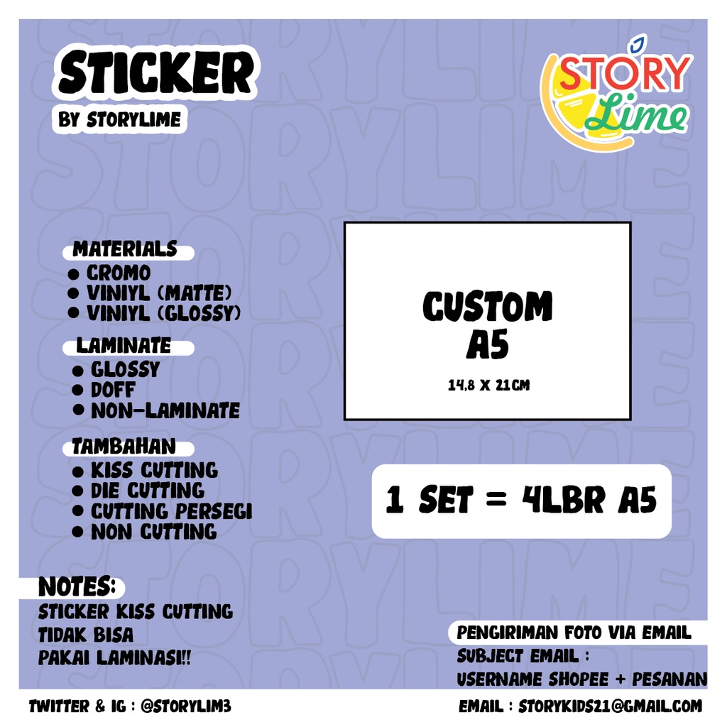 (HARGA PER SET) Sticker Custom ukuran A3, A4, A5, A6 (Sticker Label, sticker cutting, sticker deco, kpop, jpop, dll) By. STORY.LIME