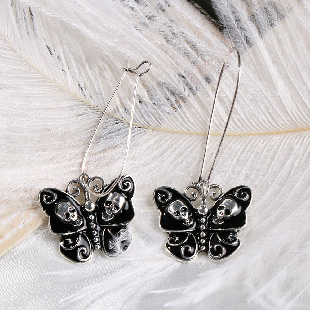 Lily 1pasang Hook Menjuntai Anting Gothic Punk Tengkorak Kupu-Kupu