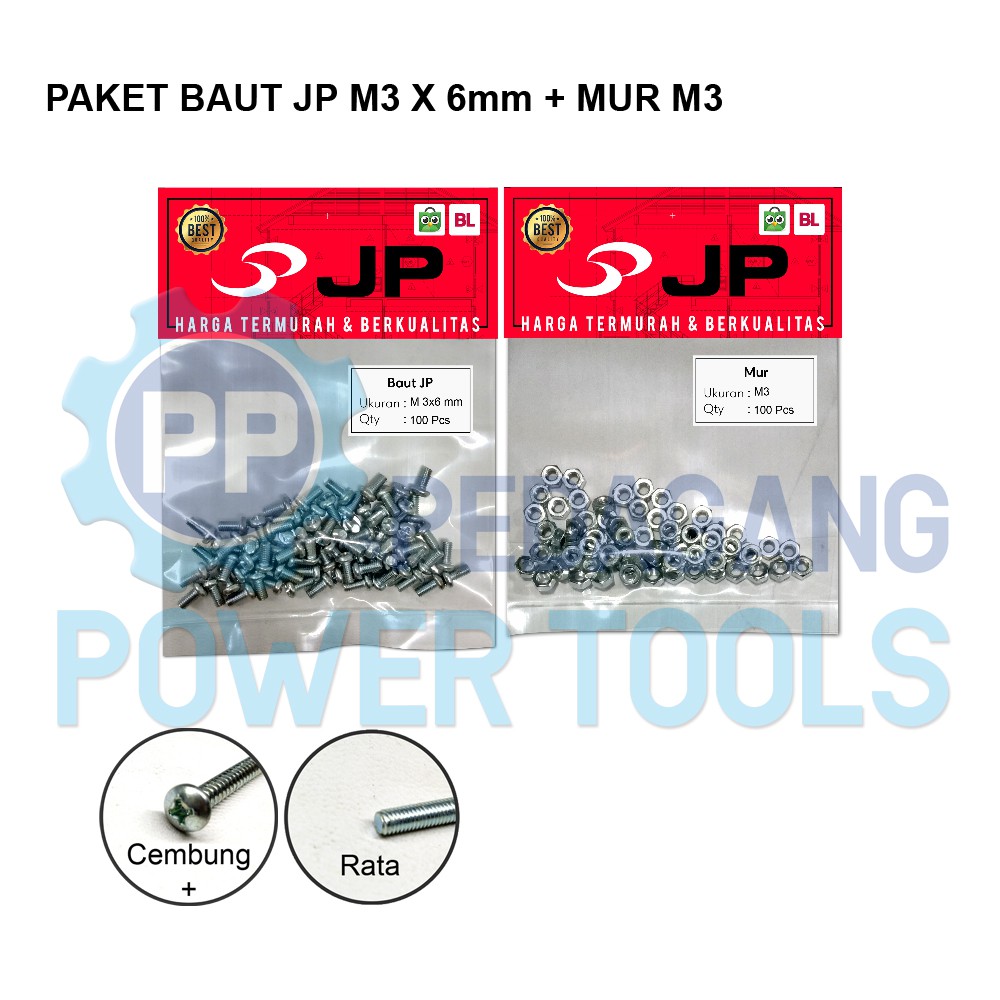 PAKET 2 SET BAUT MUR 3x6 BAUT JP M 3 x 6 MM MUR M3 SKRUP ISI 100 PCS