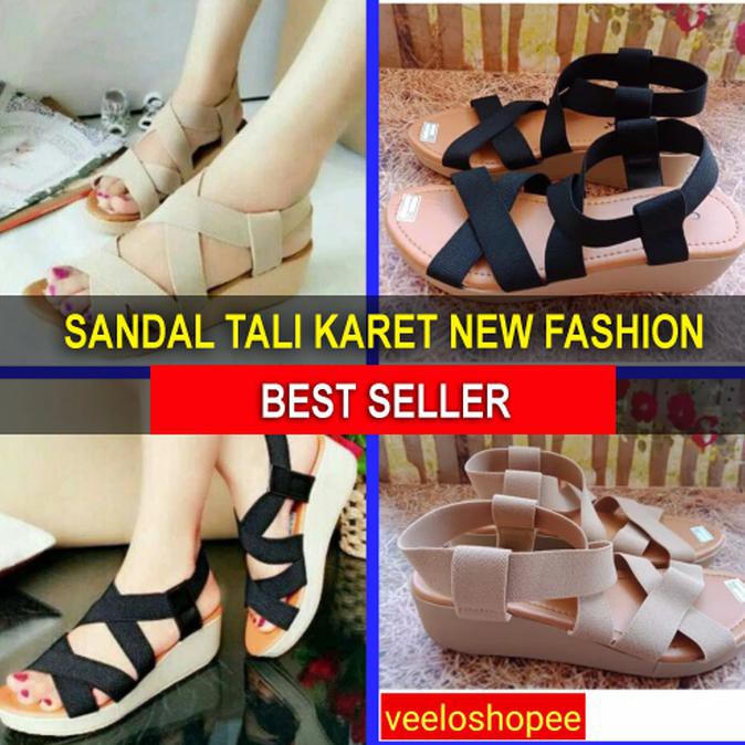 Sepatu Wedges Tali Karet Wanita Hitam Cream Sepatu Sandal