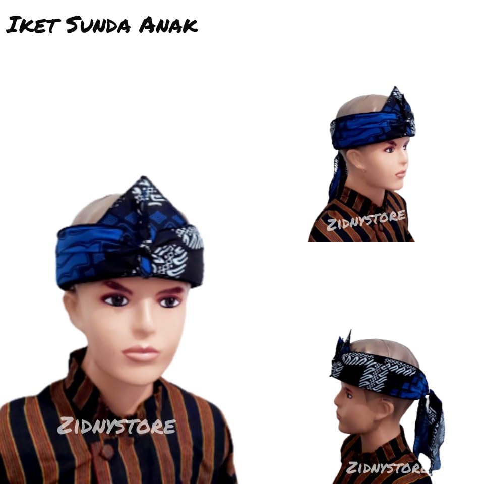 Iket Sunda Anak Model Terbuka Biru Hi- Iket Sunda Bolong Iket Sunda Tradisional Anak-anak Biru Hitam