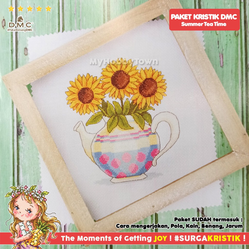 Paket DIY Craft Sulam Kristik Strimin TUVA Retro - Summer Tea Time Bunga Matahari Teko Sunflower