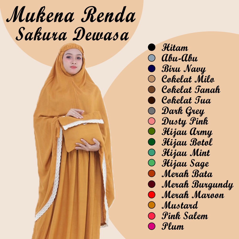 Mukena Renda Sakura Dewasa - Mukenah Atas Bawah Polos Traveling Jumbo Rayon Premium Bali Murah