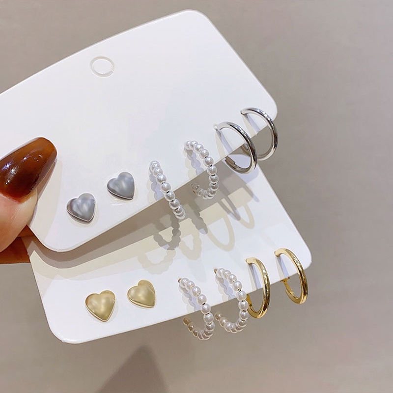 YEEZII 6pcs / Set Anting Stud Bentuk Hati Kecil Warna Emas Perak Aksen Mutiara Untuk Wanita