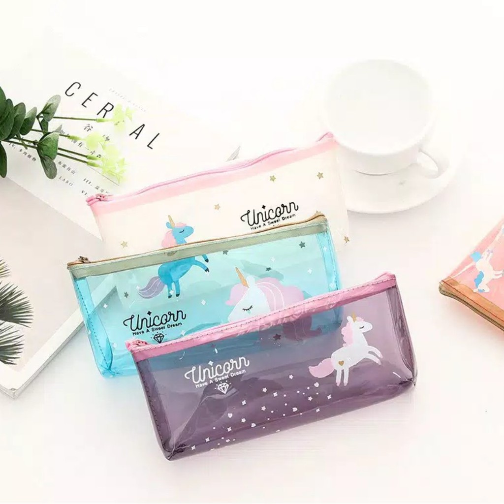 tempat pensil platik PVC unicorn tepak pinsil transparan plastic zipper seleting pencil case