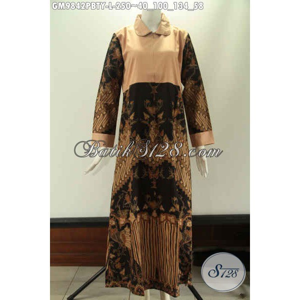 Busana Gamis Wanita Berhijab Motif Elegan Kombinasi Kain Toyobo Size L, Model Berkerah GM 9842 PBTY