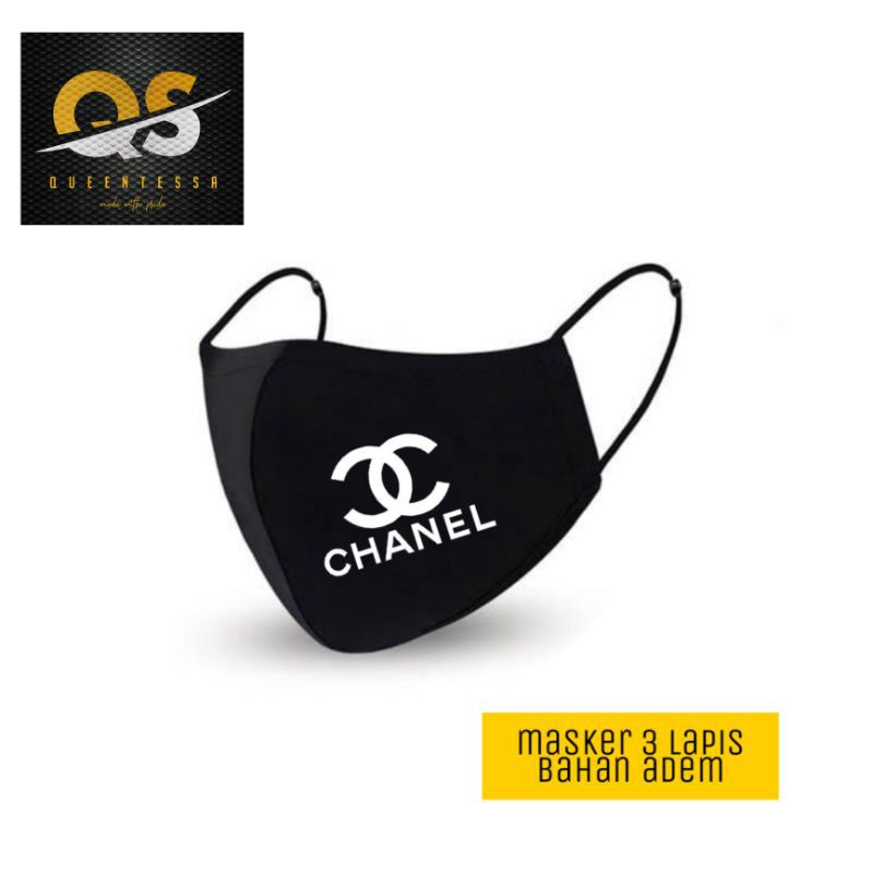 Masker Kain 3ply CHANEL  hitam pria wanita dewasa 3 lapis earloop headloop katun