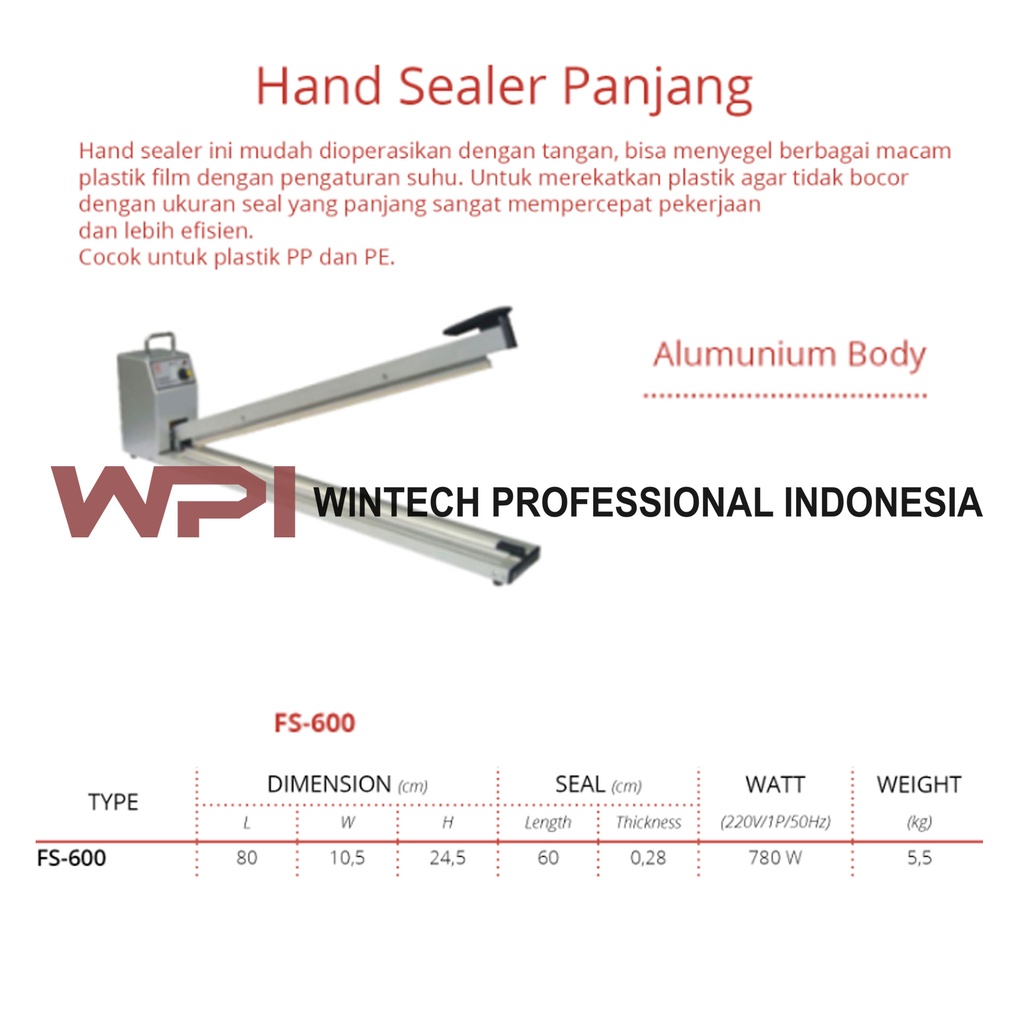 Getra FS-600 Hand Sealer Panjang - Mesin Penyegel Plastik Dengan Panjang Seal 60 Cm - Body Dari Alum