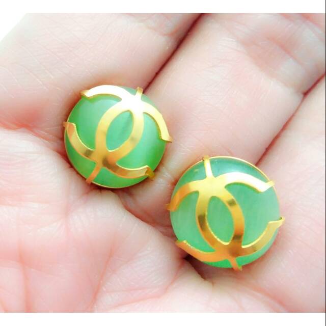 Anting gold tusuk titanium CC batu onix hijau