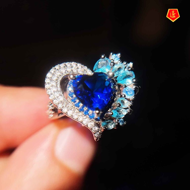 [Ready Stock]High-End Temperament Heart-Shaped Sapphire Open Ring for Women