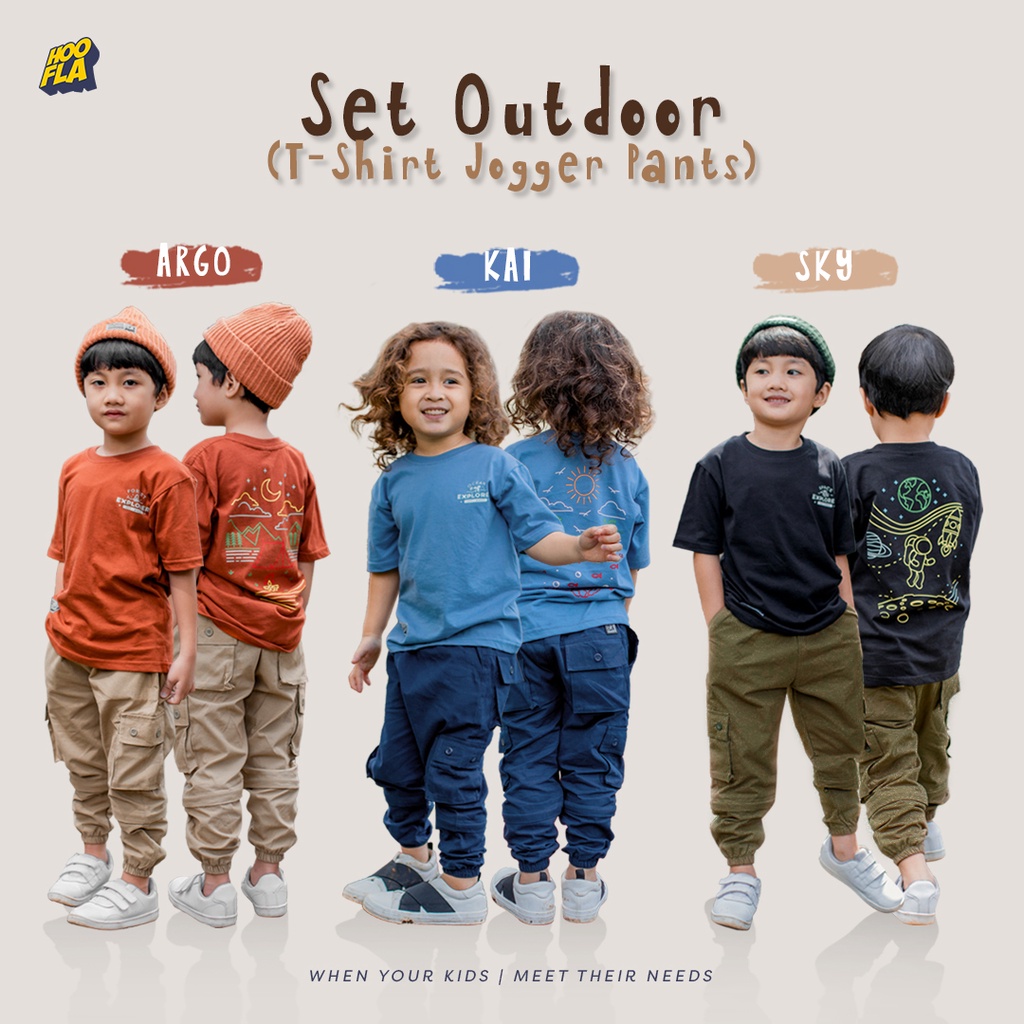 Hooflakids Setelan Outdoor Kaos dan Jogger Anak Laki Laki Usia 3 12 tahun