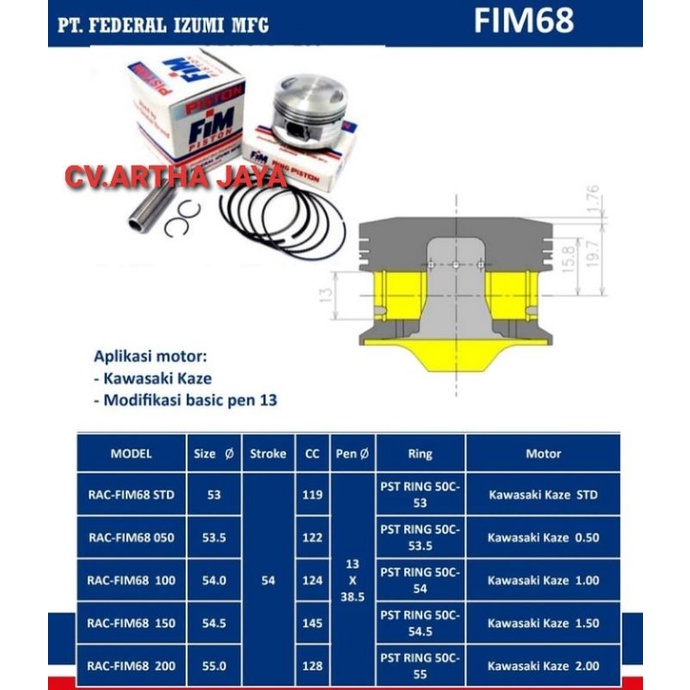 PISTON KIT FIM FIM68 KAWASAKI KAZE / KAZE R ( 53 / 53,5 / 54 / 54,5 / 55 ) ( STD / 050 / 100 / 150 / 200 ) ( PEN 13 / PIN 13 )-6