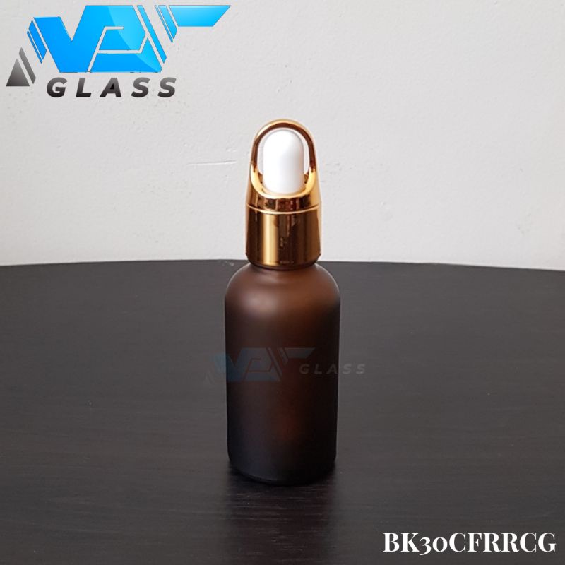 botol kaca pipet 30ml amber coklat frosted ring gold