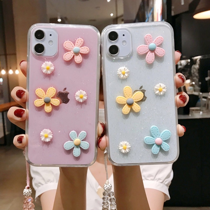 Glittery Transparant Flower Softcase Polos iphone 7/8+ XS XS Max XR 11 Pro Max 12 Pro Max