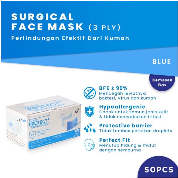 Masker Medis Prima Protect+ Surgical Face Mask (1 box 50 pcs) Blue - 3 ply