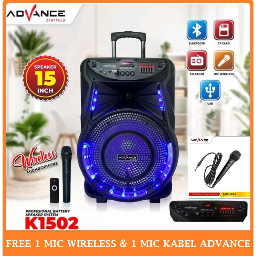 Speaker Meeting Portable Advance K-1502 - Speaker Aktif Bluetooth 15" Free 1 Mic Wireless & 1 Mic Ka