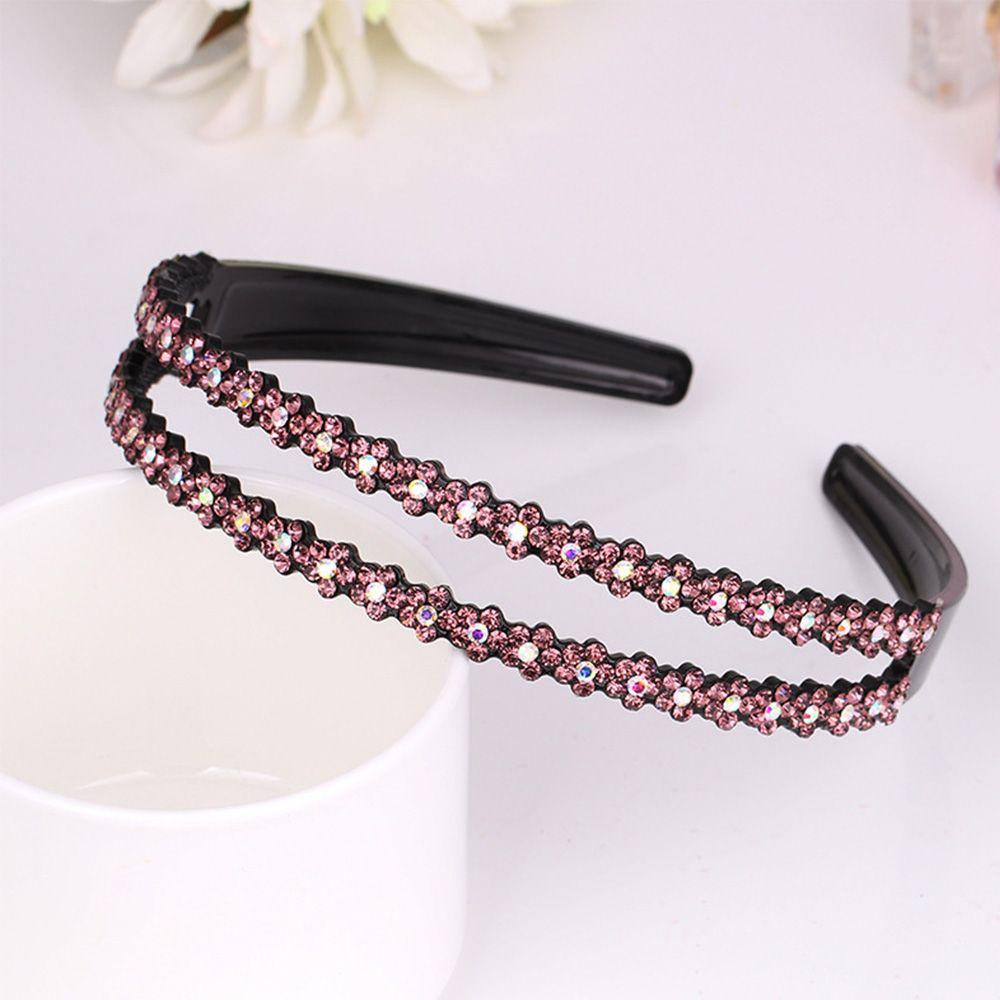 AUGUSTINA Bando Wanita Sederhana Penuh Berlian Imitasi Anti-slip Bunga Plum Double Row Hair Band