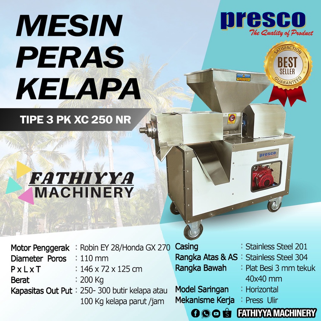 Mesin Peras Santan Kelapa Jumbo Merek Presco (Kapasitas 250 Butir Perjam) Model Malaysia