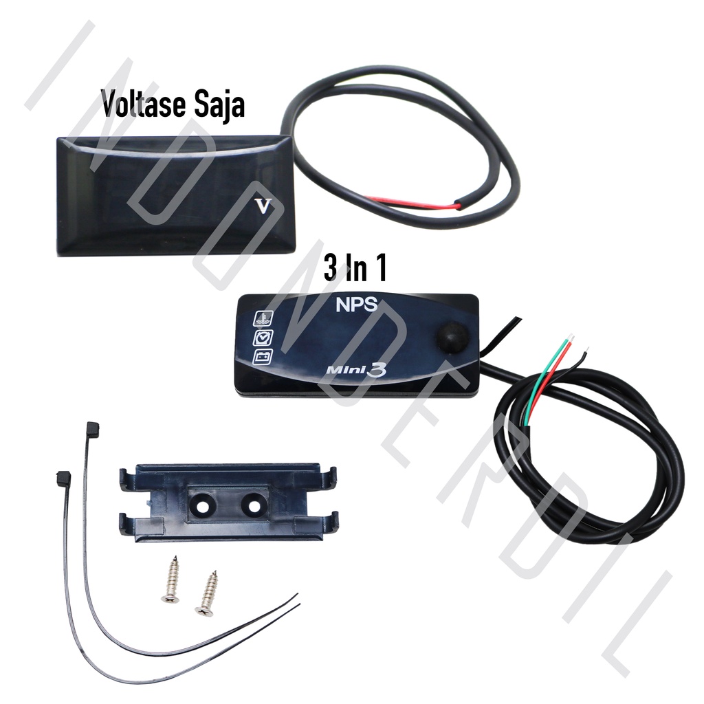 Voltmeter-Volt Meter 3in1-3 in 1-Pengukur Daya Aki-Accu/Jam Digital/Suhu LED Merah-Biru