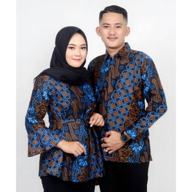 Couple batik kemeja lengan panjang FASHION BATIK PRIA WANITA atasan batik motif seno biru Pekalongan