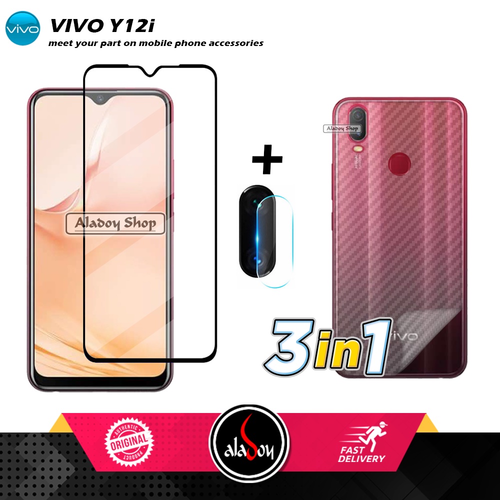 PAKET 3 IN 1 Tempered Glass Layar Vivo Y12i Free Tempered Glass Camera dan Skin Carbon