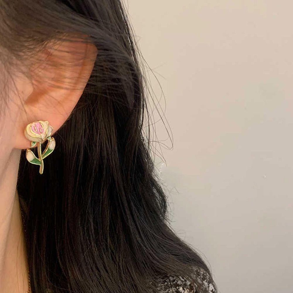 Needway Anting Wanita Temperamen Elegan Gadis Hadiah Pink rose Aksesoris Pesta Alloy Bunga Stud Earrings