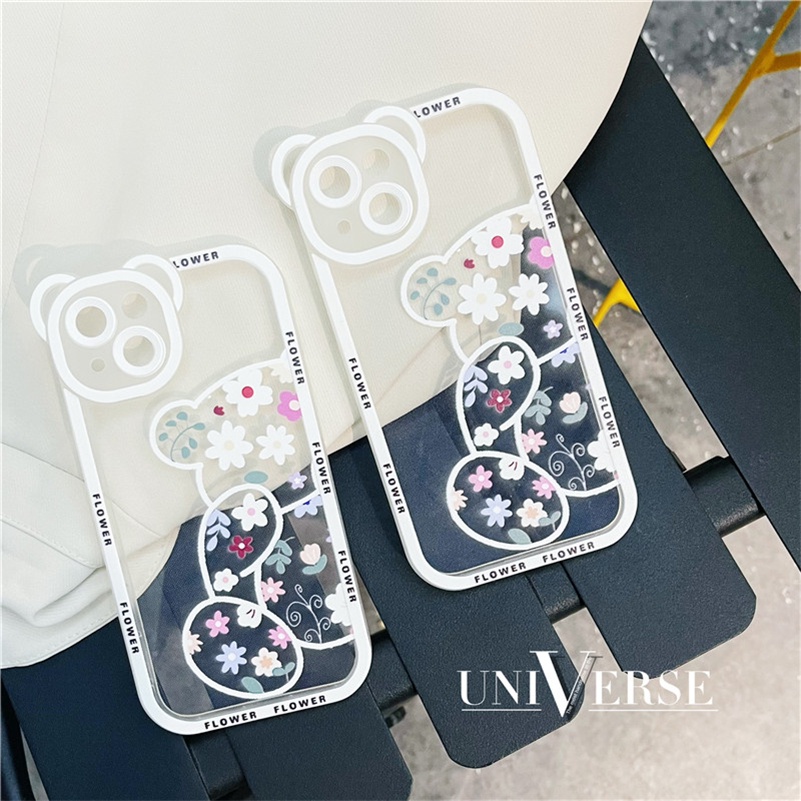 Soft Case Silikon TPU Transparan Motif Bunga Beruang Untuk case hp Compatible for iPhone 14 13 12 11 Pro Max X Xr Xs Max SE 2020 8 7 6 6s Plus Clear Floral Bear Phone Case Silicone Soft TPU handphone murah casing cover Lens Protector Shockproof Back Cover