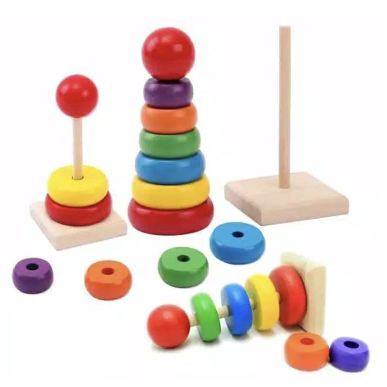 Mainan Susun Tingkat DONAT BOLA KAYU - Rainbow Tower Wooden Toy Mainan Edukasi Anak Pintar chn