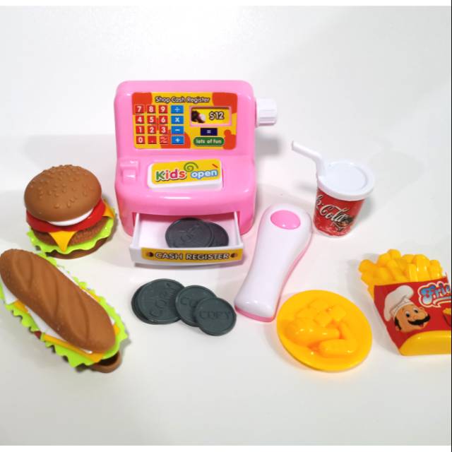 Mainan miniatur mesin kasir masak burger sandwich hotdog berhitung koin