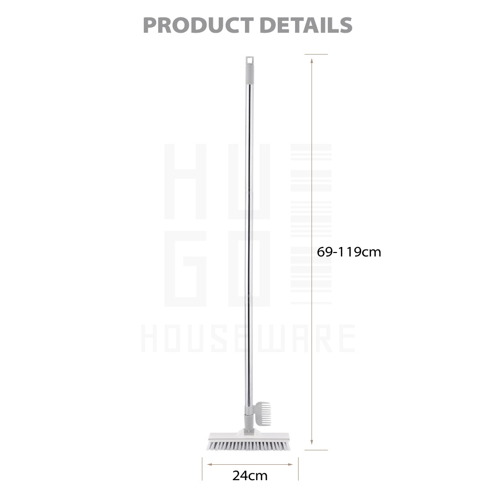 HUGO Sikat Pembersih Lantai Toilet Kamar Mandi 2 in 1 Praktis Serbaguna Serokan Air Gagang Panjang Warna Putih