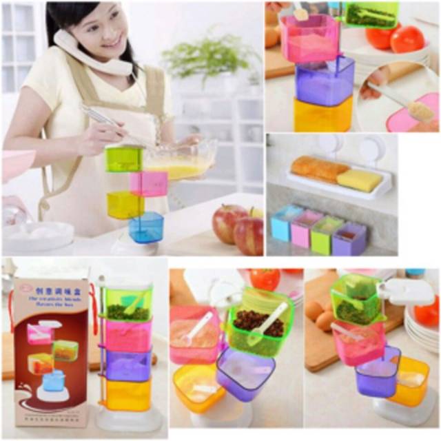 Tempat bumbu putar 4 in 1 transparan warna warni + packing tambahan dus dapur cheff unik renai murah