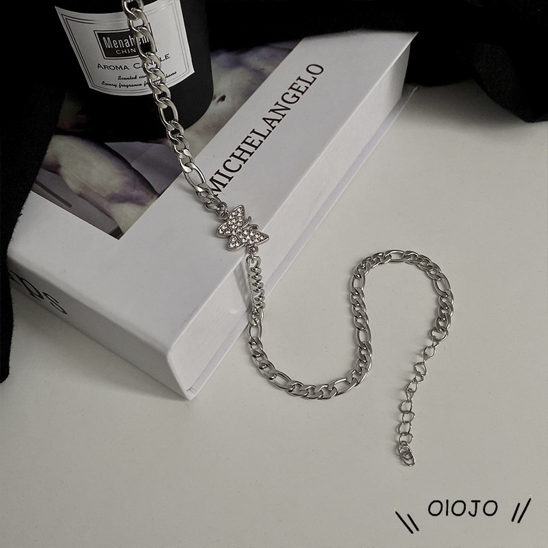 Kalung Choker Rantai Silver Tebal Desain Kupu-Kupu Hias Berlian Gaya Retro Korea Untuk Wanita - ol