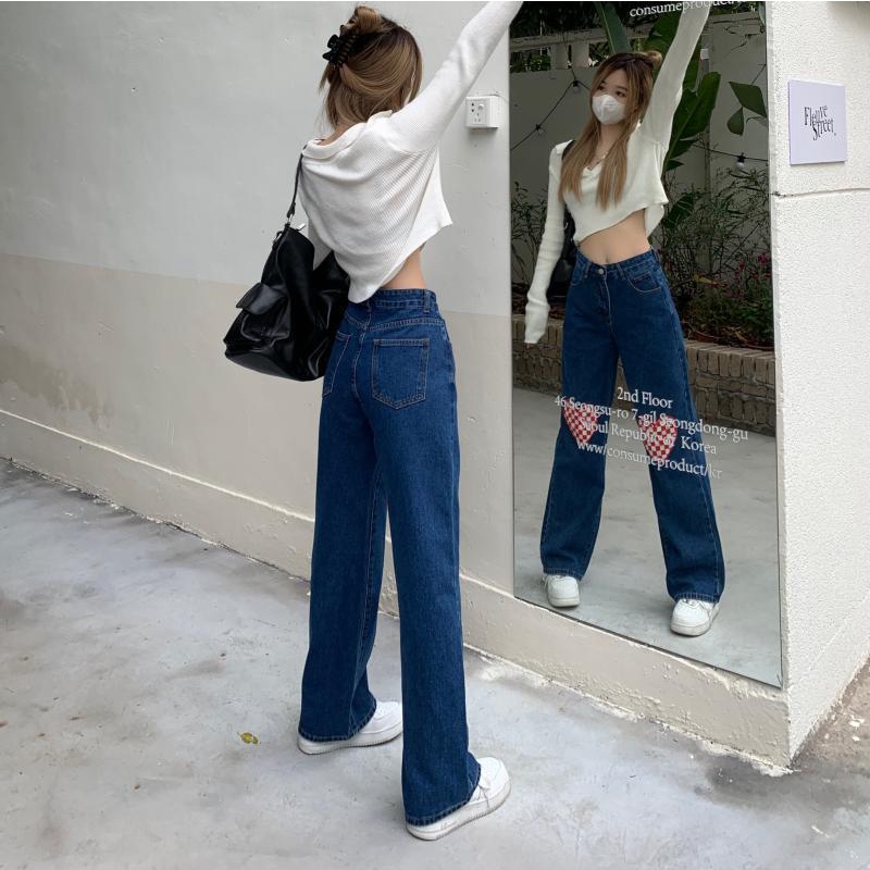 Warna Biru LOVE Highwaist Loose Kasual Celana Jeans Panjang Wanita