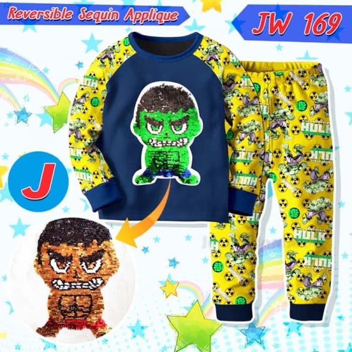 Setelan Baju Tidur Anak Laki-laki Hulk Kaos Lengan Panjang Piyama Anak Import Murah GR