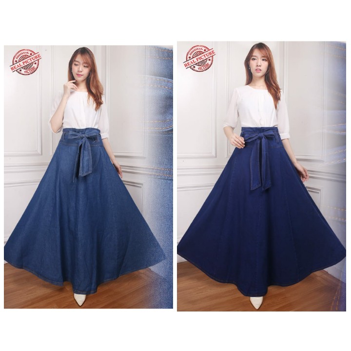 Jihan Rok jeans maxi payung panjang wanita jumbo fit to XL