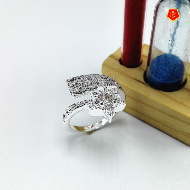 [Ready Stock]Silver Fashion Luxury Five-Pointed Star Diamond-Studded Ring