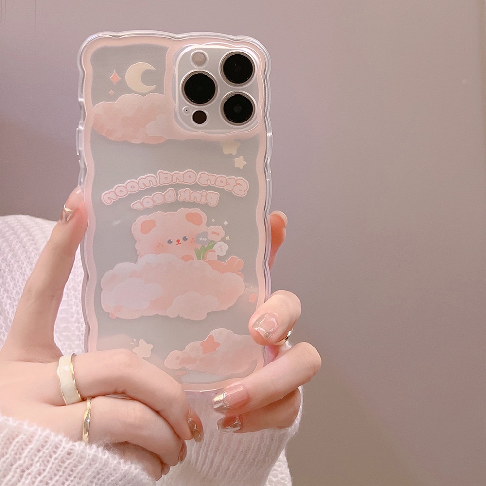 IPHONE Beruang Berbulu Dengan Bintang Dan Bulan Lucu Bentuk Gelombang Transparan Casing Ponsel Cover Untuk Iphone7 8 PLUS X XR XS 11 12 13 14 MINI PRO MAX SE 2020